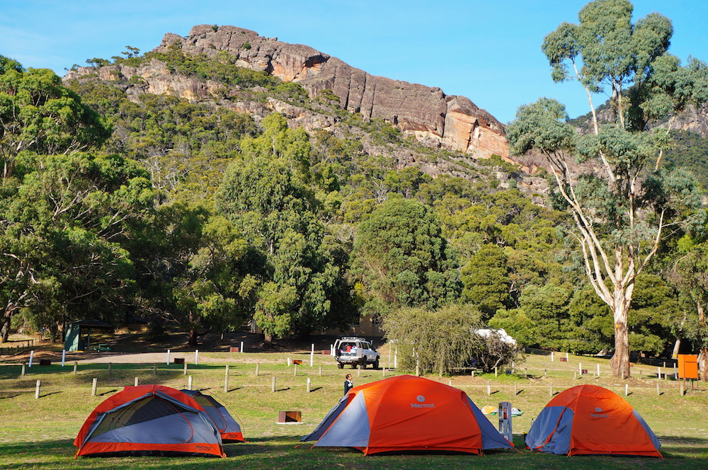 Camping in Halls Gap with the Grampians National Park in the background. 