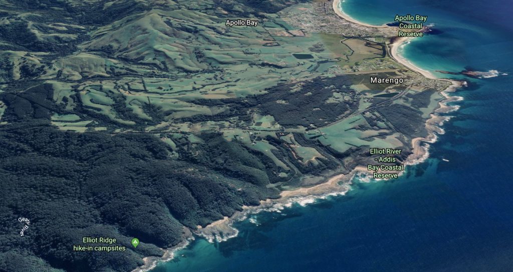 This Google Earth image gives you a great idea of the route from Apollo Bay township, past Marengo (caravan park is right on the coast) and along the beach right up to the Elliot Ridge Hike-In campground that was built specifically for Great Ocean Walk hikers. 