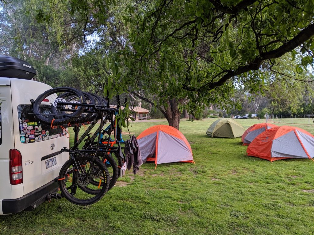 Camp setup at Molesworth campground located on the Goulburn River and next to the trailhead - Great Vic Rail Trail Tour