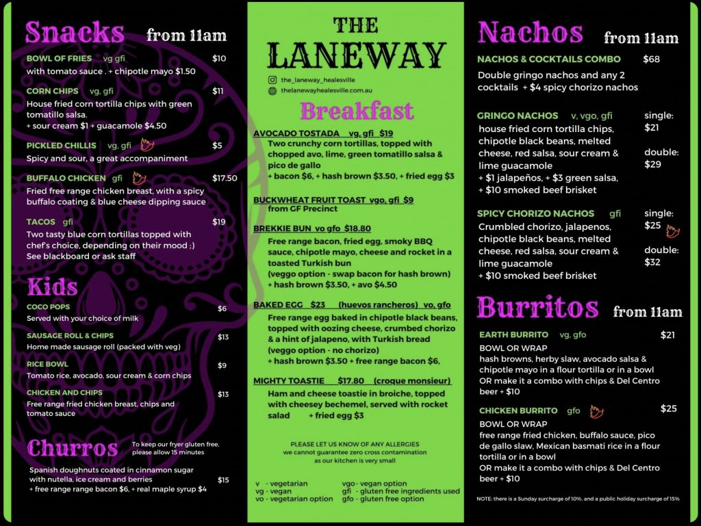 The Laneway Food Menu Healesville 