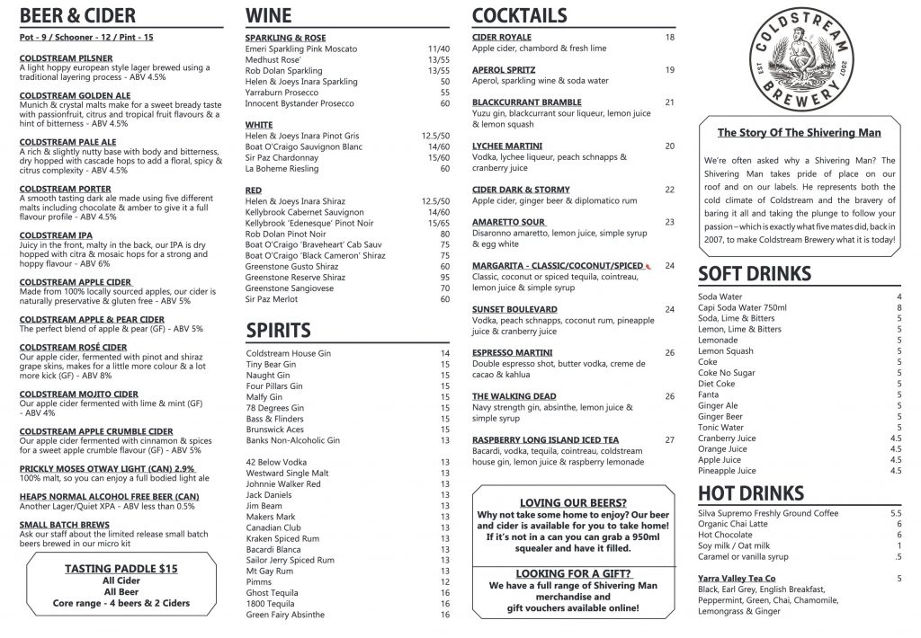 Coldstream Brewery Menu 