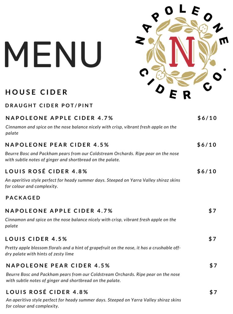 Napoleone Cidery Menu