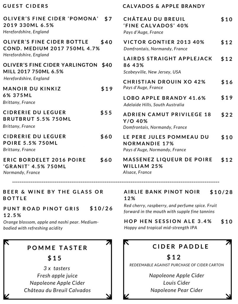 Napoleone Cidery Menu