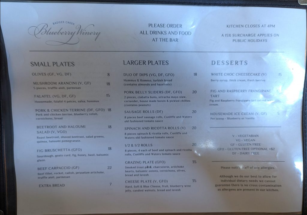 Badger Creek Winery Menu